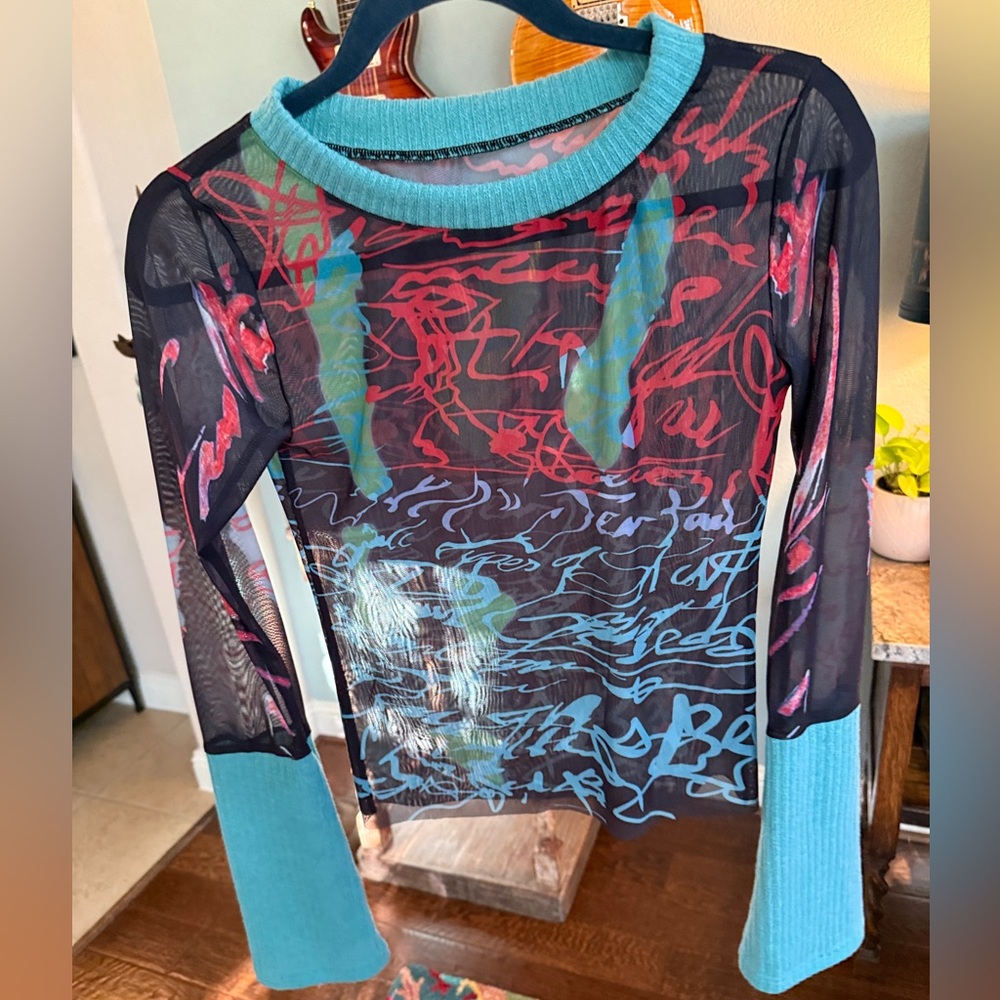 Y2K Sheer Mesh Graphic Print Long Sleeve Crop Top